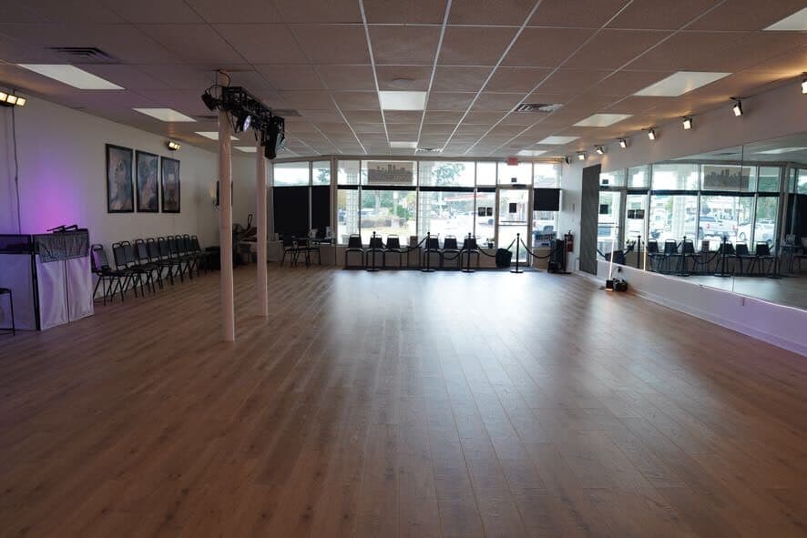 The studio floor seen from the DJ area, looking toward the front windows